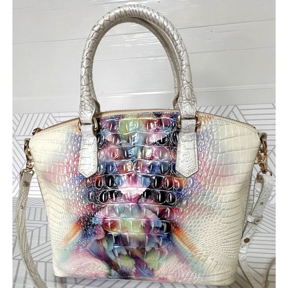 Brahmin Multicolor Croc-Embossed Leather Satchel in Cream and Rainbow - Picture 2 of 16